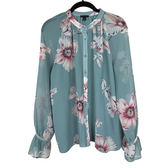 Ann Taylor Sage Green Floral Button Up Sheer Long Sleeve Top Size M - Picture 1 of 7